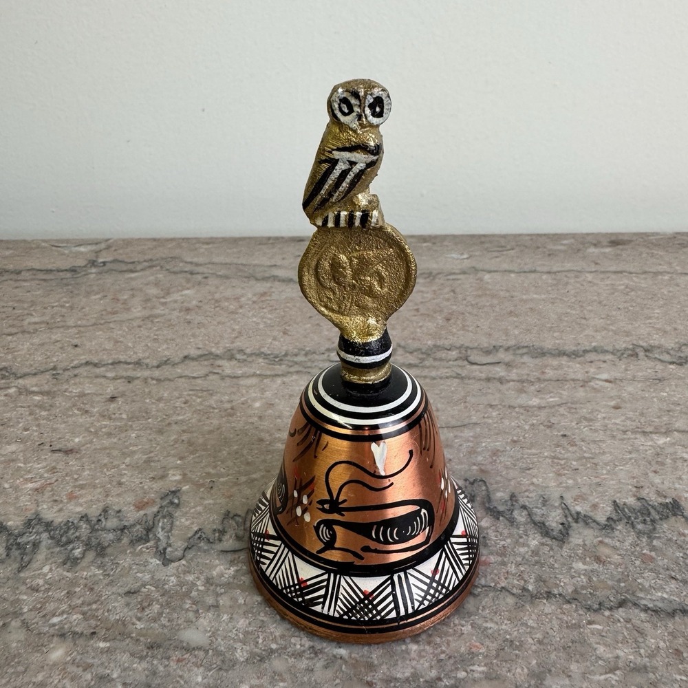 Vintage Copper Brass Bell with Greek Owl Of Athena Handle Hand Painted